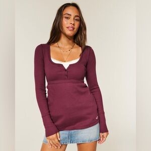 Hollister Co. Maroon Henley Tie-Back Babydoll Long Sleeve NWT